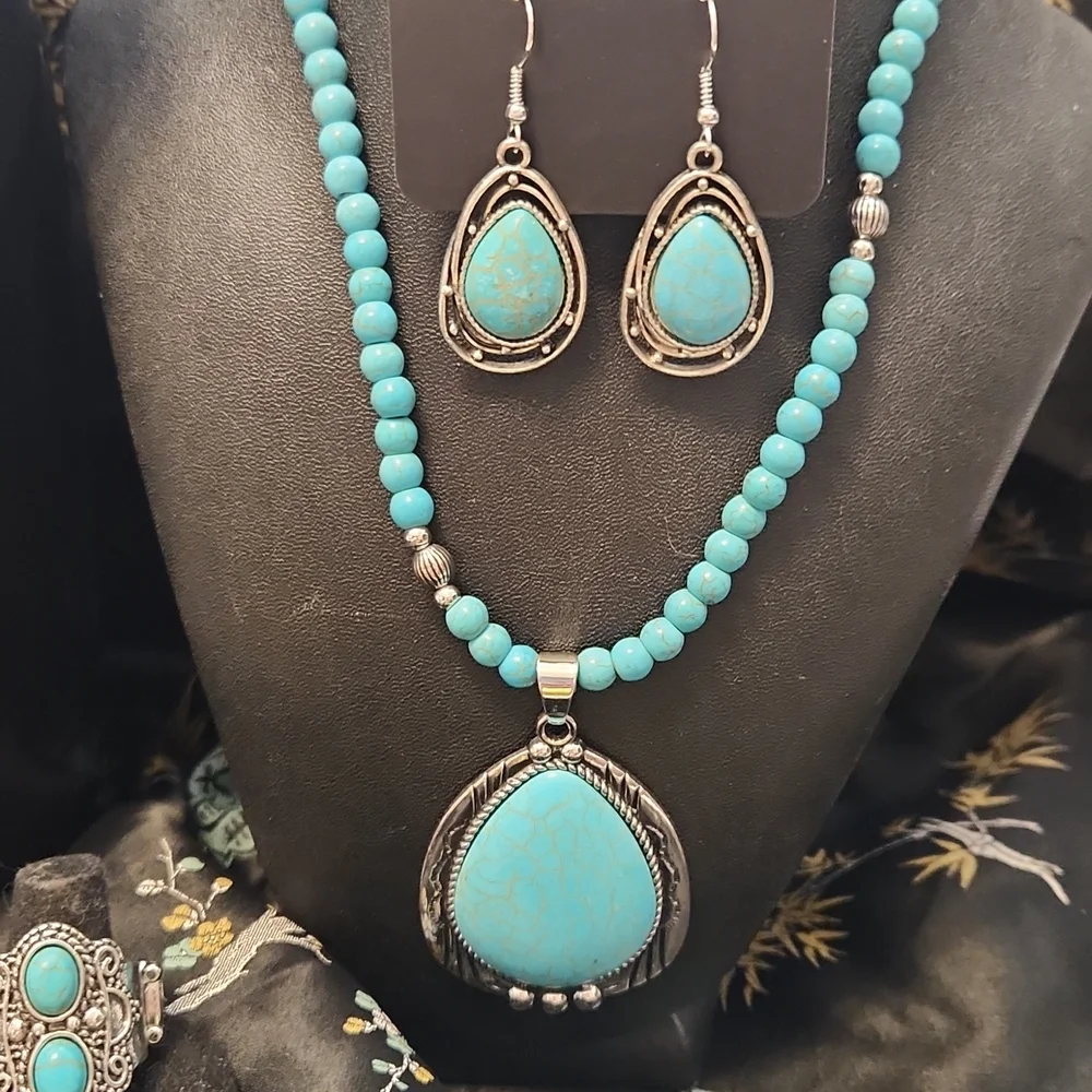 Silvertone & Faux Turquoise Set